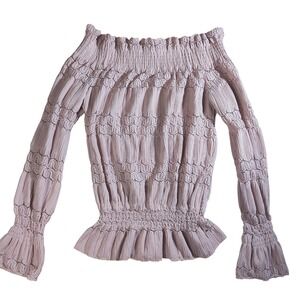 Women's Smocked Off Shoulder Ruffle Long Sleeve Boho‎ Chic Cottagecore Pink Top